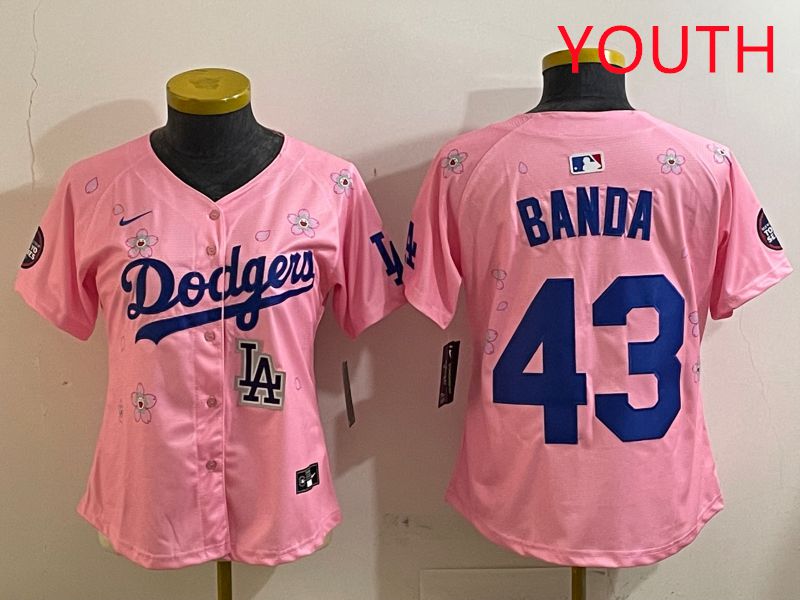 Youth Los Angeles Dodgers #43 Banda Pink White Blue Sakura Edition 2025 Nike MLB Jersey style 10